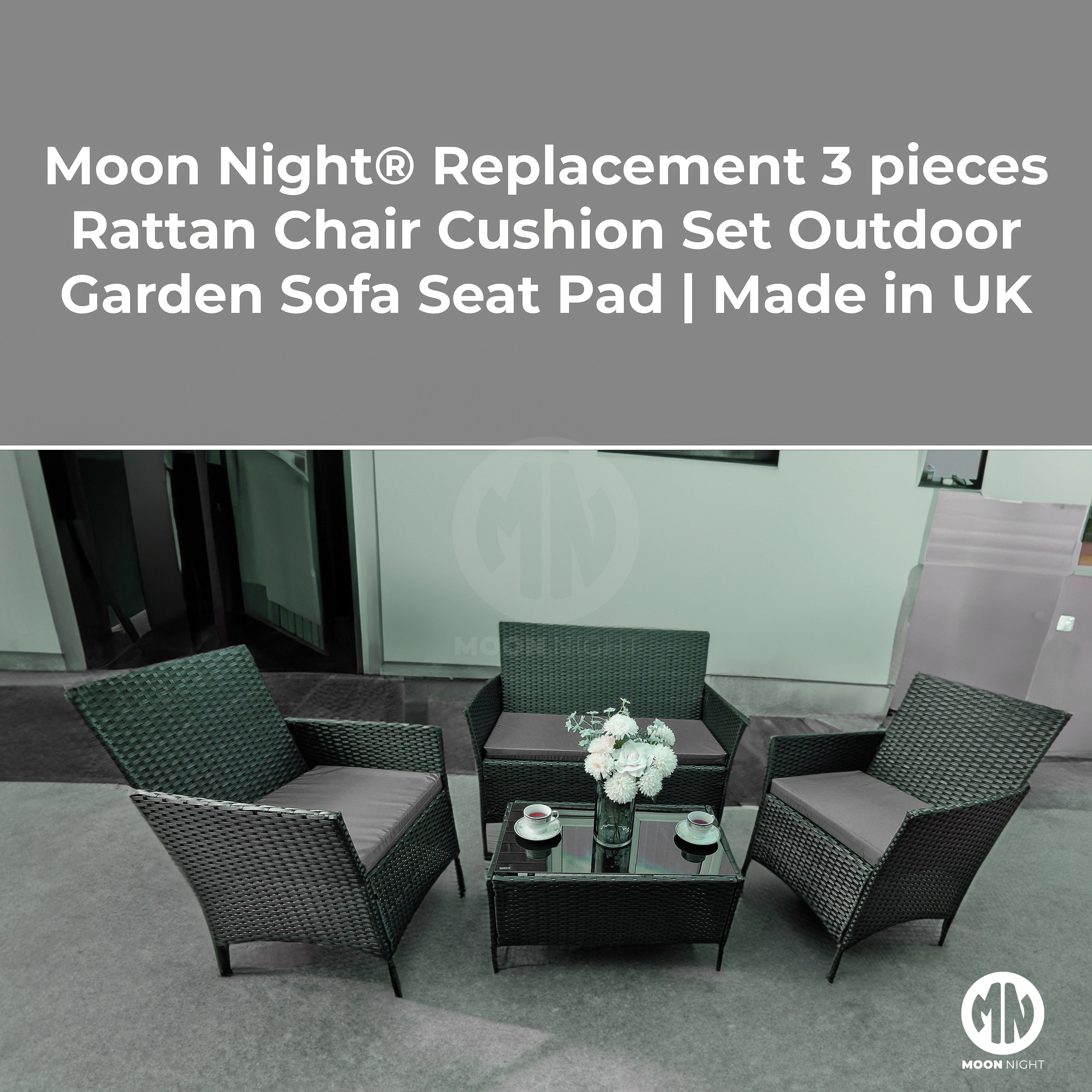 Moon Night® Replacement 3 pieces Rattan Chair Cushion Set Outdoor Garden Sofa Seat Pad [Made in UK]
