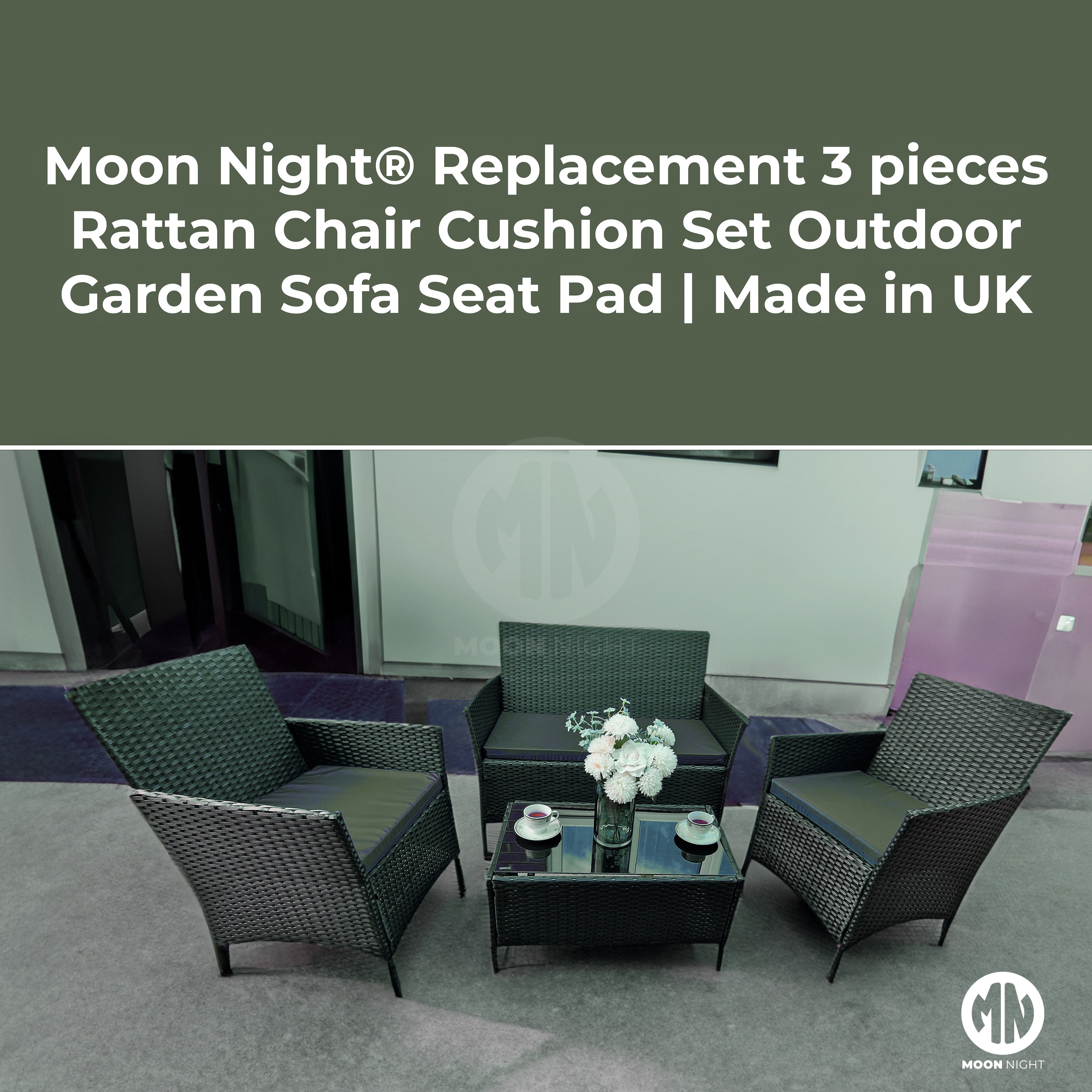 Moon Night® Replacement 3 pieces Rattan Chair Cushion Set Outdoor Garden Sofa Seat Pad [Made in UK]- Olive Green