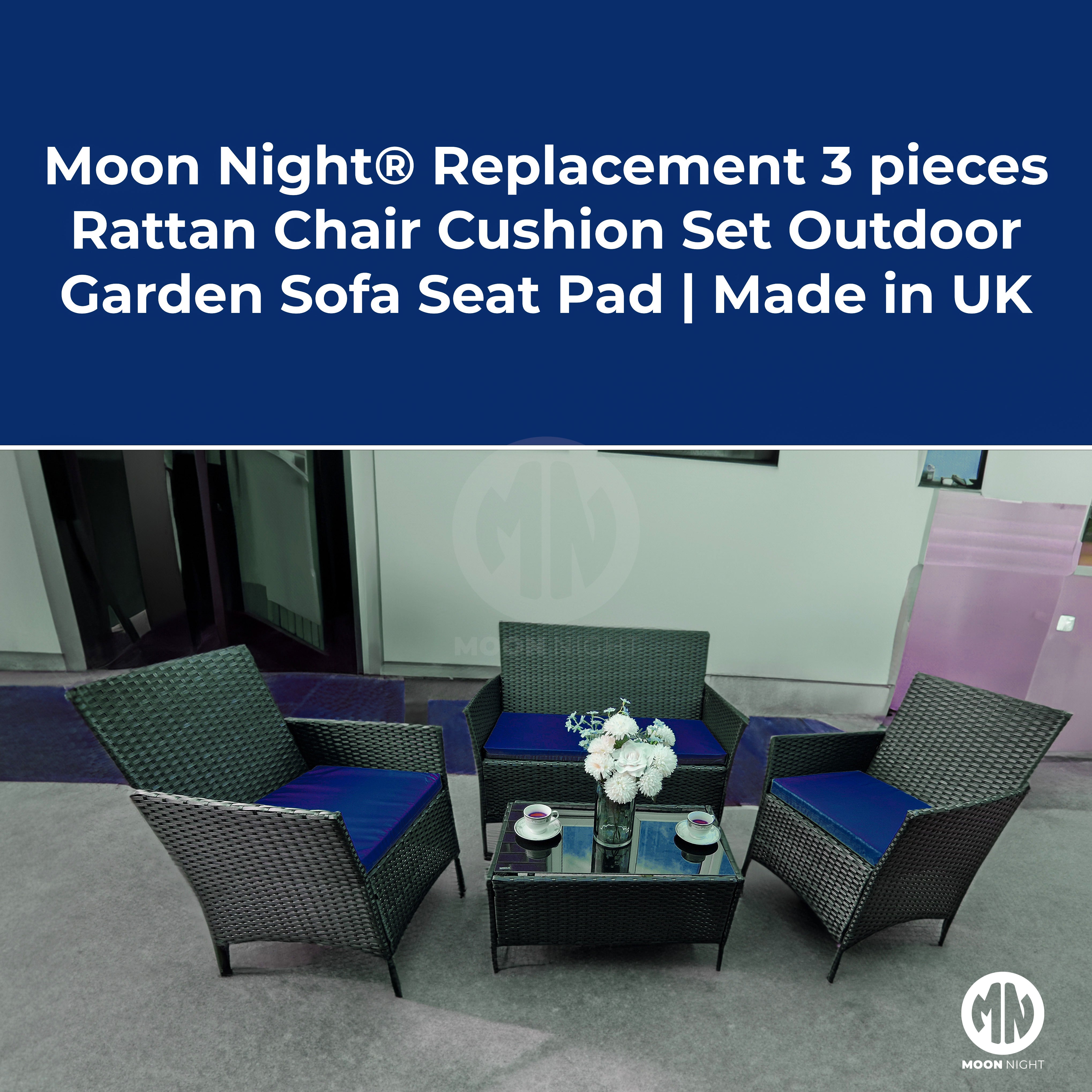 Moon Night® Replacement 3 pieces Rattan Chair Cushion Set Outdoor Garden Sofa Seat Pad [Made in UK]- Navy Bl
