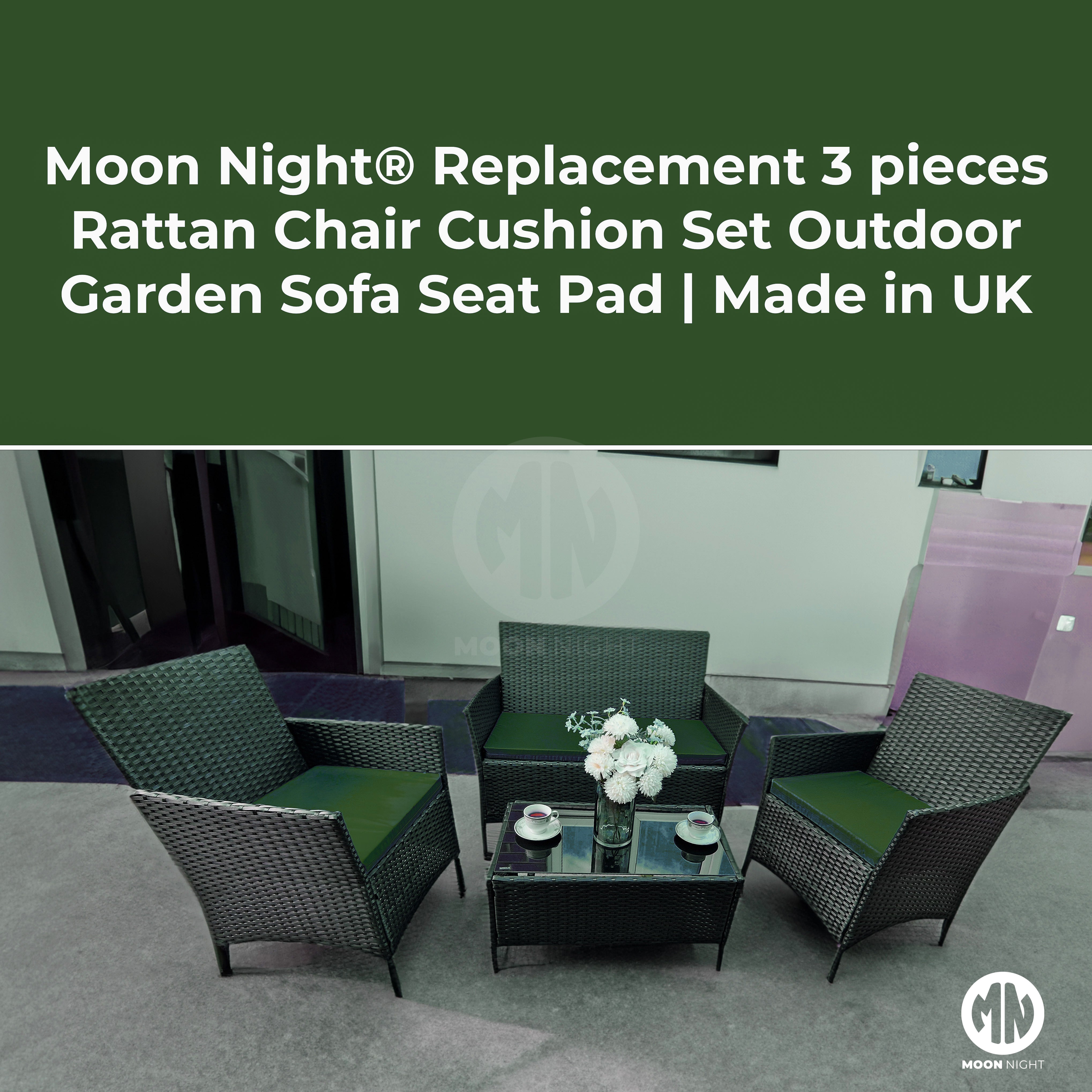 Moon Night® Replacement 3 pieces Rattan Chair Cushion Set Outdoor Garden Sofa Seat Pad [Made in UK]- Bottle Green
