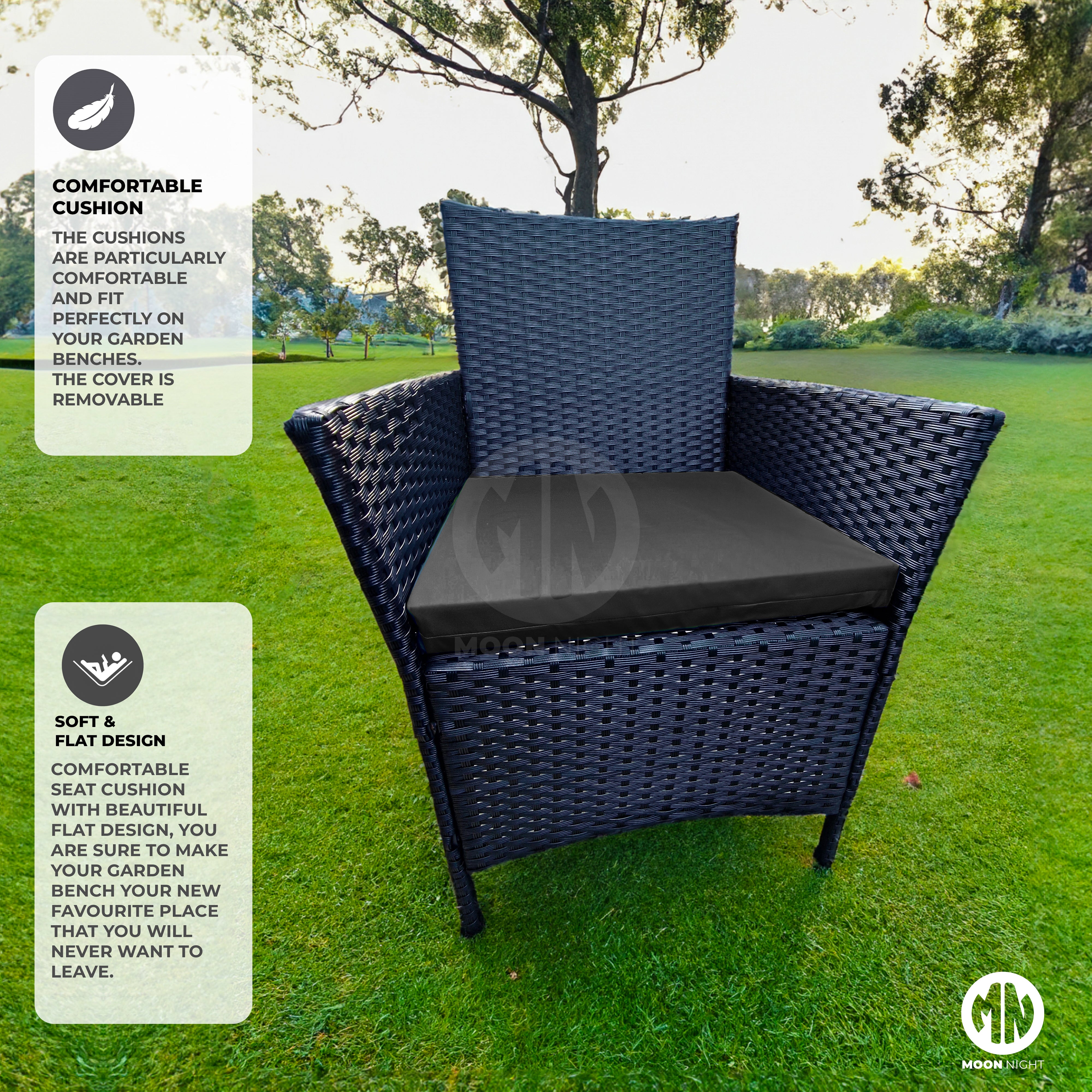 Moon Night® Replacement 3 pieces Rattan Chair Cushion Set Outdoor Garden Sofa Seat Pad [Made in UK]-Black